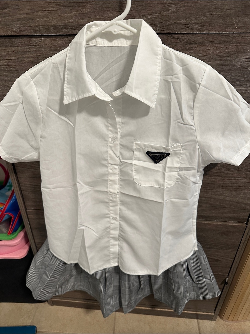 White Short Sleeve Shirt with Gray Plaid Skirt size XS